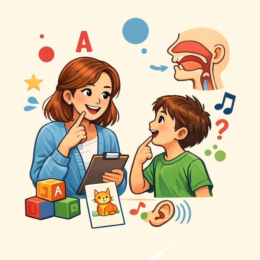 Illustration of a speech pathologist helping a young boy practise speech sounds